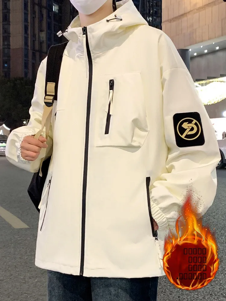 

Thiened Fce Men's Jaet Autumn Winter Hooded Workwear Jaet Casual Outerwear Zipper Decoration Youth Faion Warmth