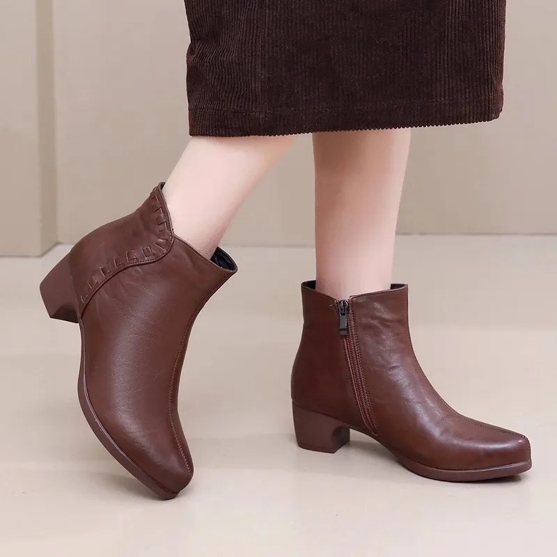 

GKTINOO Autumn Winter Warm Women Boots Genuine Leather Thick Heels Ankle Boots For Women Shoes Retro Handmade Zipper Short Boots