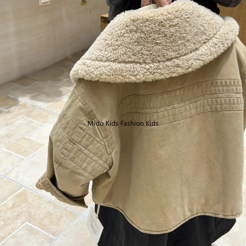 2025 شتاء جديد الفراء سخية طوق موضة الفتيات قصيرة سميكة سترة سترة سترة قطن 90-150 سنتيمتر