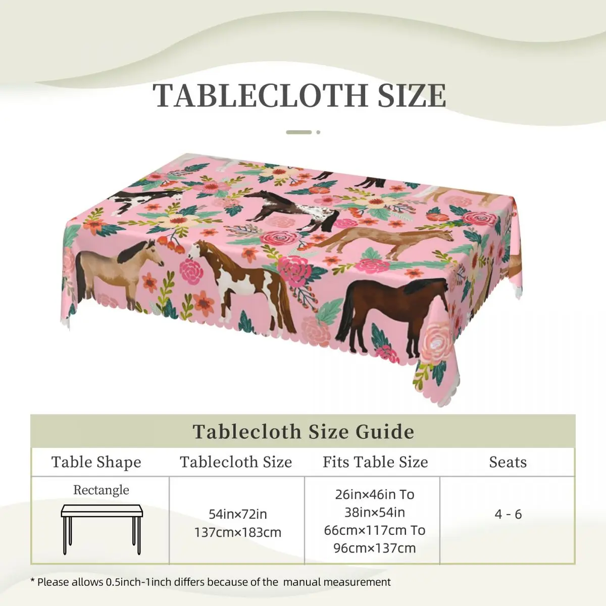 Equestrian Pastel Floral And Horse Pattern Custom Rectangular Tablecloth Oilproof Table Cover for Dining Events Table Cloth