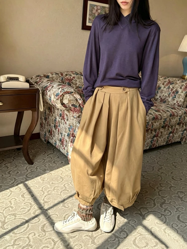 Women's high-waisted pleated ankle-length dress pants, loose and casual nine-inch corduroy pants, 2026 new style