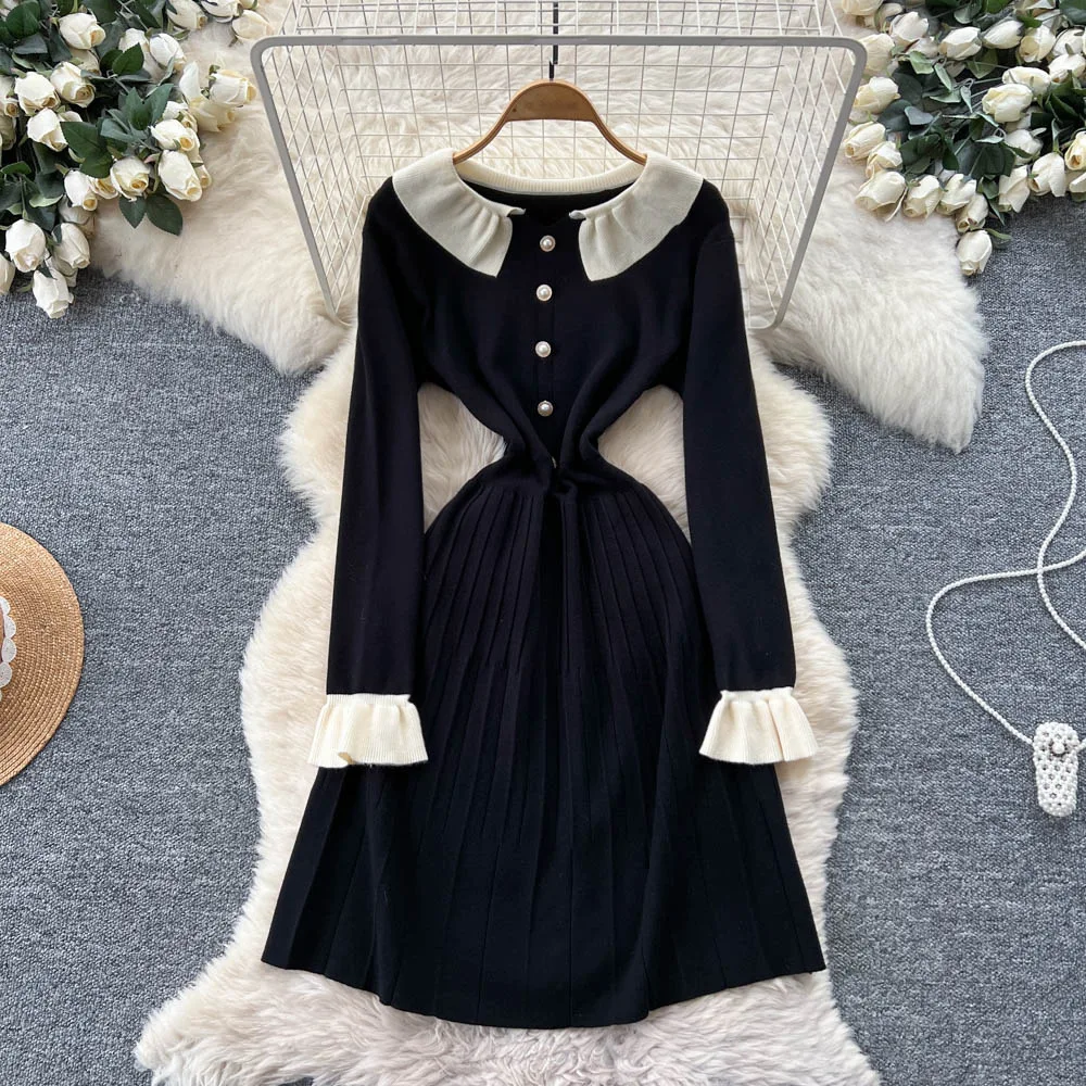 

Mid Length Dress Women Dresses A Line Vestidos Y2k Streetwear Peter Pan Collar Tight Waist Elegant Party Night Autumn Winter