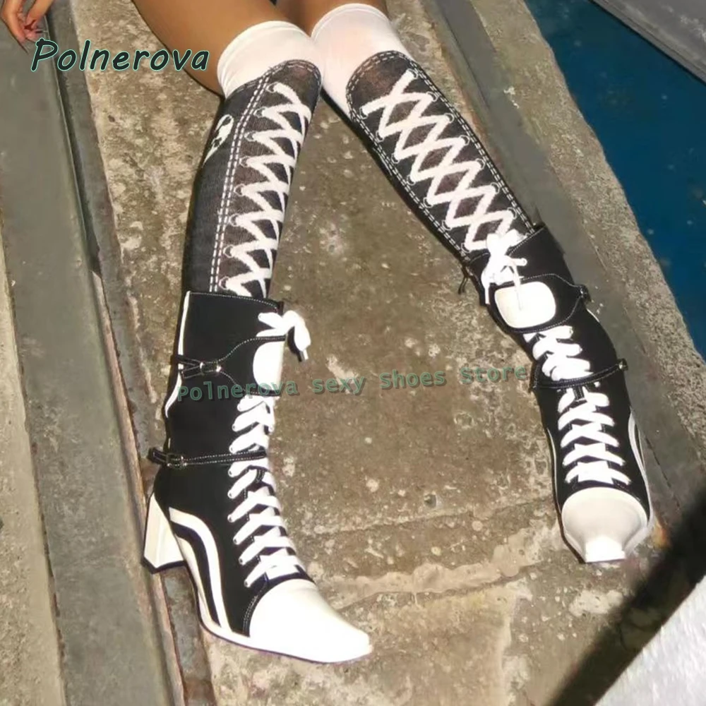 Canvas Chunky Heels Fashion Sneakers Pointed Toe Cross Tied Black and White Color Blocking Fashion Ankle Boots 2025 Autumn Trend