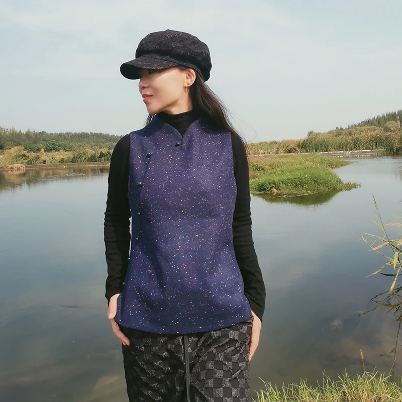 

Осенне-зимний женский шерстяной жилет в национальном стиле, модный, в китайском ретро-дизайне, для повседневной носки, однотонный