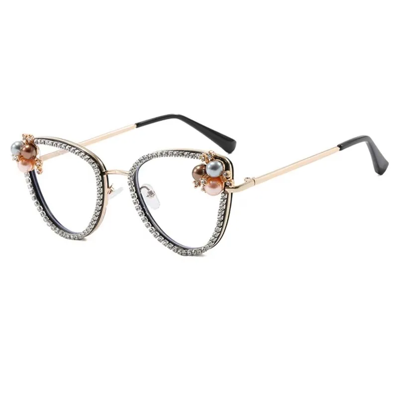 

Diamond Clear Lens Glasses Women Fashion Pearl Prescription Glasses Frames Female Luxury Rhinestone Metal Eyewear