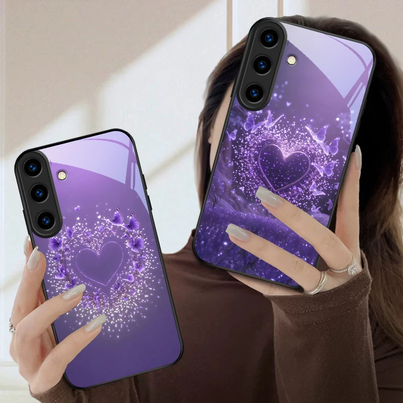 

Butterfly Purple Heart For Samsung Galaxy S26 Ultra S25 Edge S24 FE S23 Plus S22 S21 S20 S22+ S24+ S25+ Black Glass Phone Case
