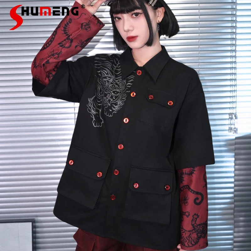 Veste faux deux pièces à manches imprimées en Patchwork de Style chinois pour femmes, manteau chemise à simple boutonnage au Design Unique, vêtements d'extérieur, nouvelle collection