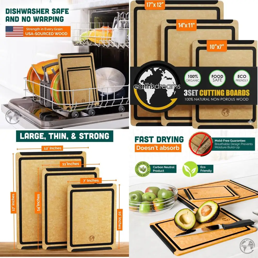 

3-Piece Earth's Dreams Wood Cutting Board Set: Charcuterie Boards, Large & XL, Non-Plastic, Dishwasher Safe