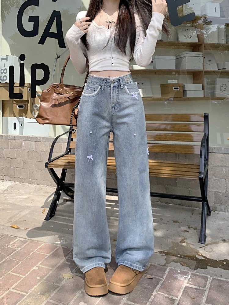 

Женские синие джинсы с бантом и высокой талией, кружевной дизайн, широкая уличная одежда, винтажные брюки для милых девушек, женские повседневные мешковатые джинсовые брюки