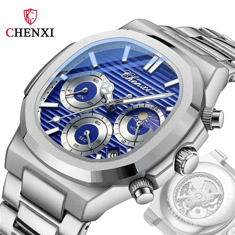 

CHENXI 0092 Mens Fashion Quartz Watch - Creative Moon Phase Chronograph, Luxury Luminous Dial Casual Wristwatch for Men