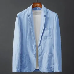 Chaqueta fina de lino y algodón transpirable para hombre, traje informal ajustado, color blanco, primavera y verano, 2023