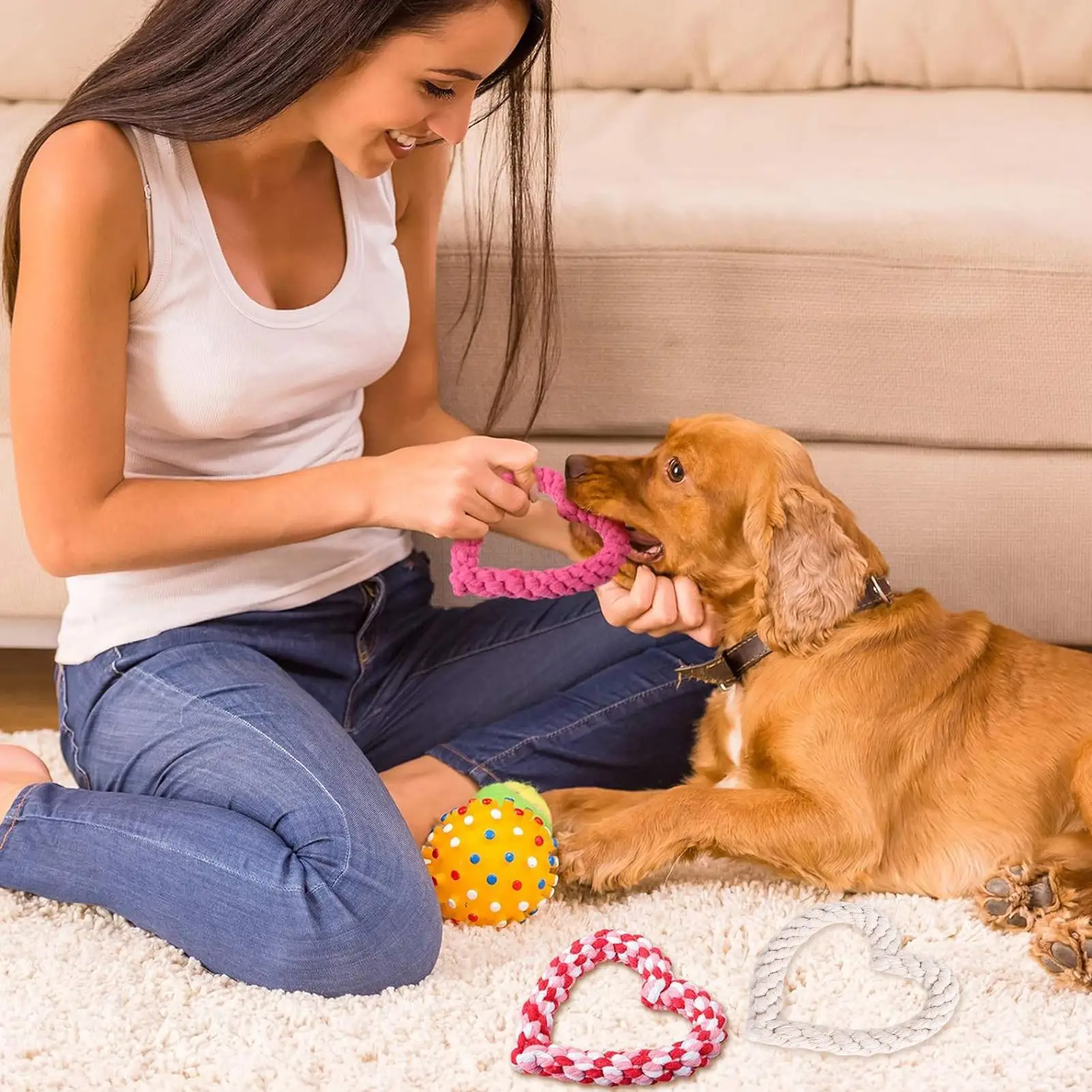Handgefertigte gestrickte Haustierspielzeuge zum Valentinstag, herzförmiges Seil-Hundespielzeug, Baumwoll-Welpen-Wurfspielzeug für Haustiere als Geschenk.