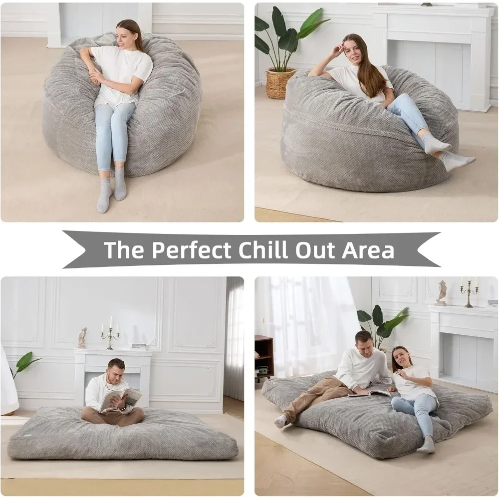 Giant Bean Bag Chair with Washable Chenille Cover Ultra Soft, Convertible Bean Bag from Chair to Mattress Family - Grey Full