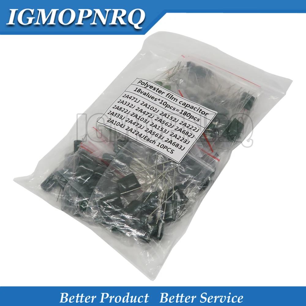 

180PCS=18value*10PCS Polyester film capacitor Assorted Kit contains 2A104J 2A332J 2A472J 2A103J 2A333J 2A473J 2A563J 2A223J 473J