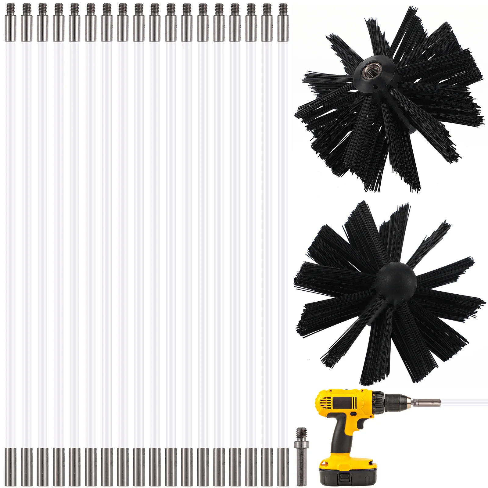 18 Pcs Pipe Cleaning Brush Rods + Two Heads One Hexagonal Chimney Tube Lab Cleaner Dryer Machine Pipeline Sweep Nylon Kit