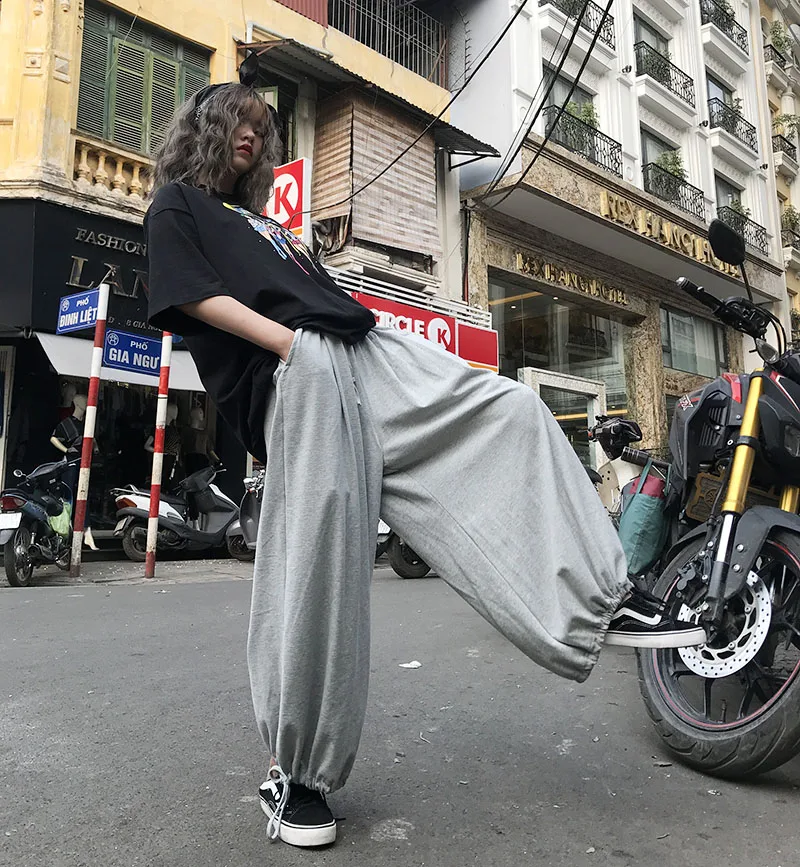 Unisex City Boy Biker Harem กางเกงชาย Streetwear Hip Hop กางเกงขายาวขนาดใหญ่หลวม Fit Dance กางเกง Drawstring Cuff คนรักกางเกง