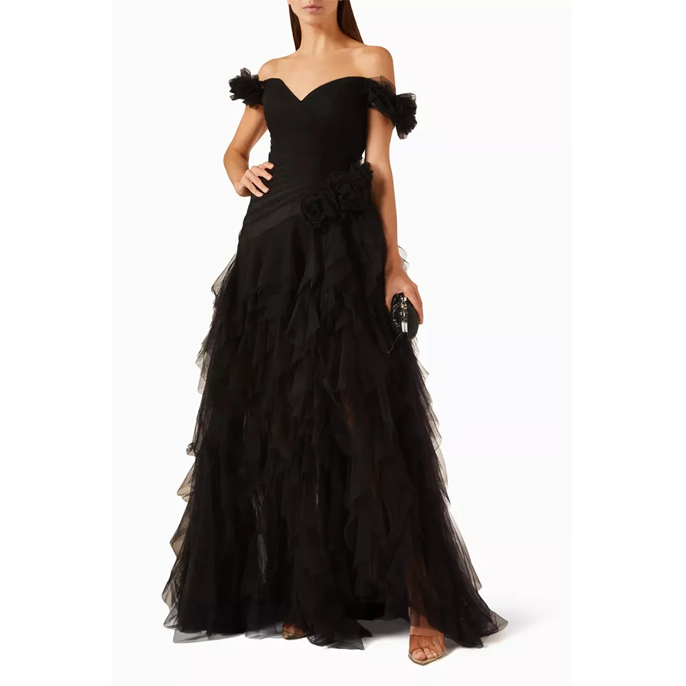 Vestidos largos con hombros descubiertos y flores hechos a mano, plisados de tul Retro personalizados, vestidos para ocasiones a medida, exquisitos, formales y sexys