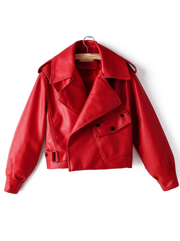 Fitaylor New Autumn Women Faux Leather Jacket Pu Motorcycle Biker Red Coat Turndown Collar Loose Streetwear Black Punk Outerwear