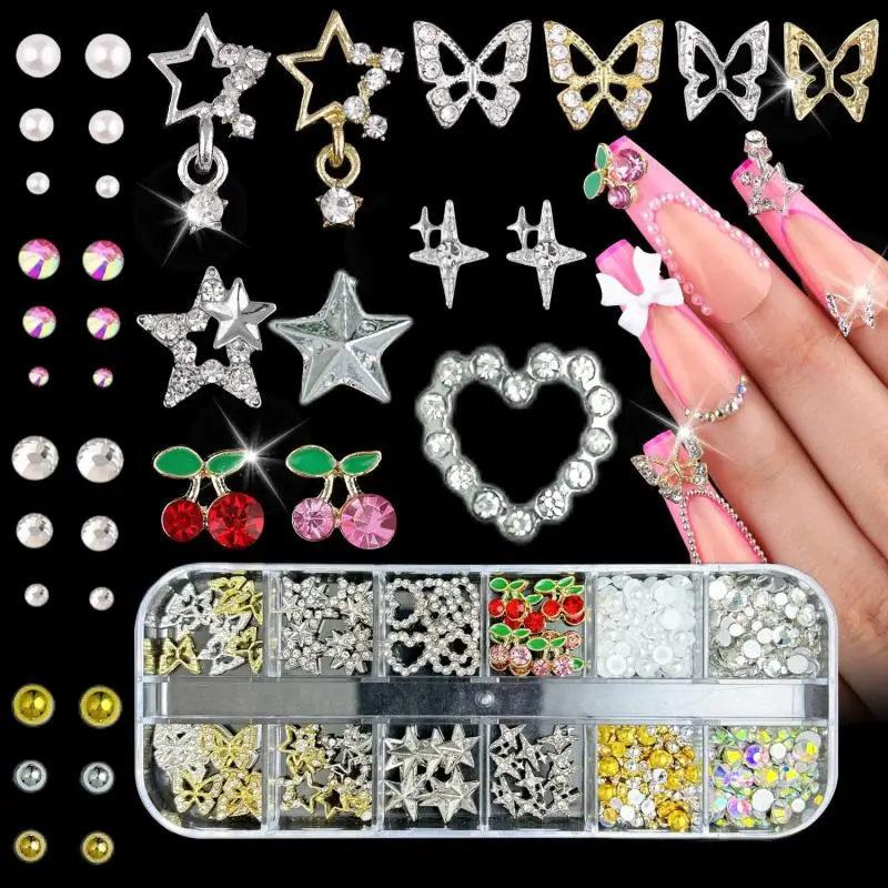 1Box Light Luxury Butterfly Four-star Alloy Nail Charms 3D Cherry Hollowed-out Heart Star Nail Art Accessories for DIY Manicure