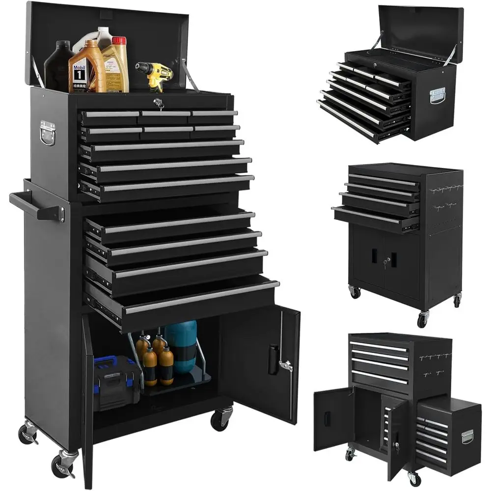 

Double Decker Rolling Tool Chest Combo, Lockable Metal Cabinet for Garage Workshop (Black)