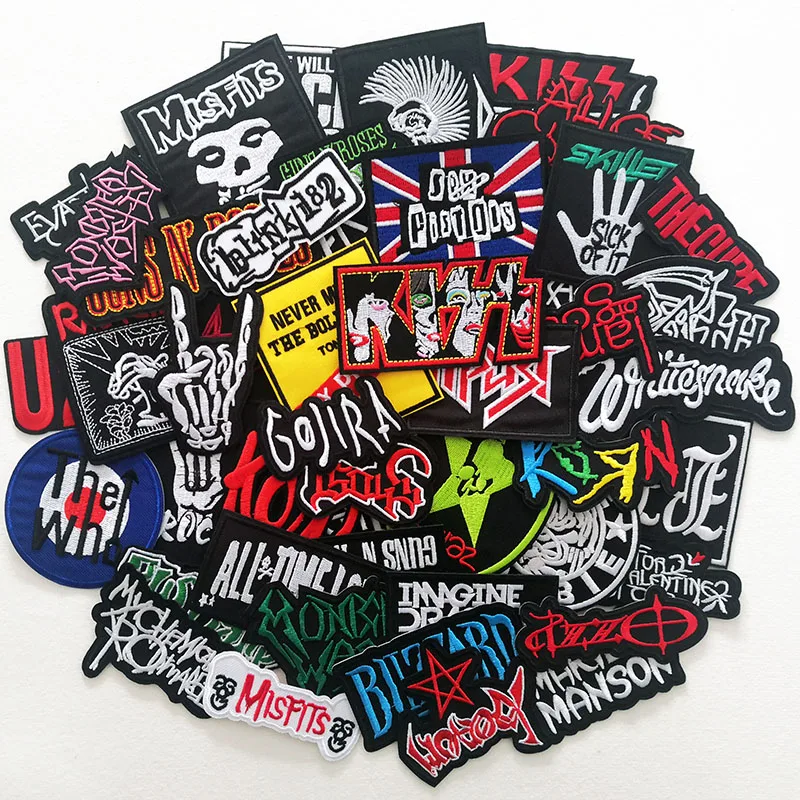 

50pcs/lot Rock Band Patches Clothes Music Punk Ironing Badges Appliques Embroidered Stripes For Jacket Jeans DIY Stickers