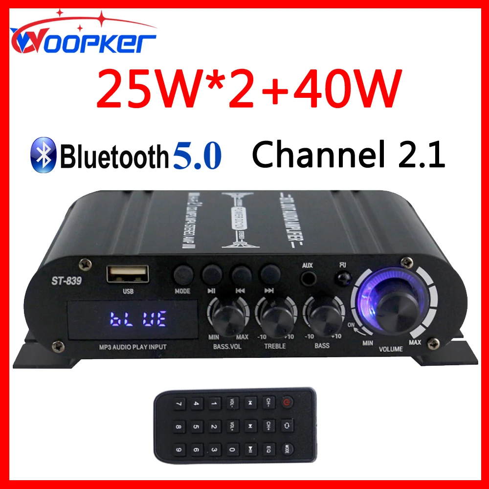 

Woopker Audio Amplifier ST-839 25W*2 + 40W 2.1 Channel BT 5.0 Stereo Power Amplifier Portable Sound Amplifier Car Home Theater