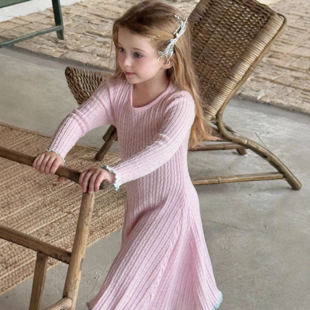 Spring Summer New Children Clothing Korean Girls Knitted Contrasting Long Dress Children Cotton Knitted Dress