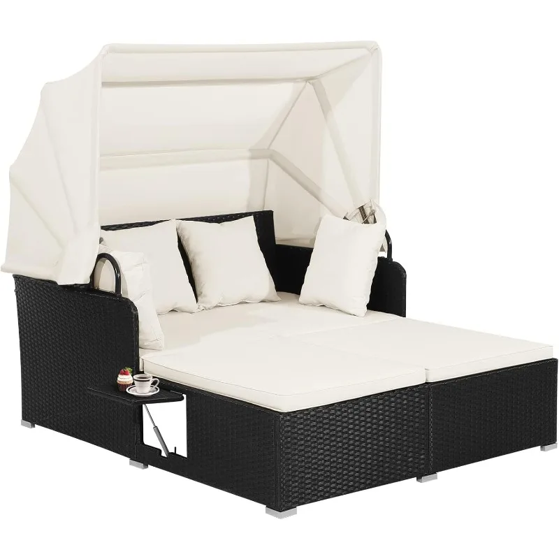 Salches Outdoor Daybed, Patio Daybed with Retractable Canopy, High-Resilient Soft Cushions, Foldable Side Trays