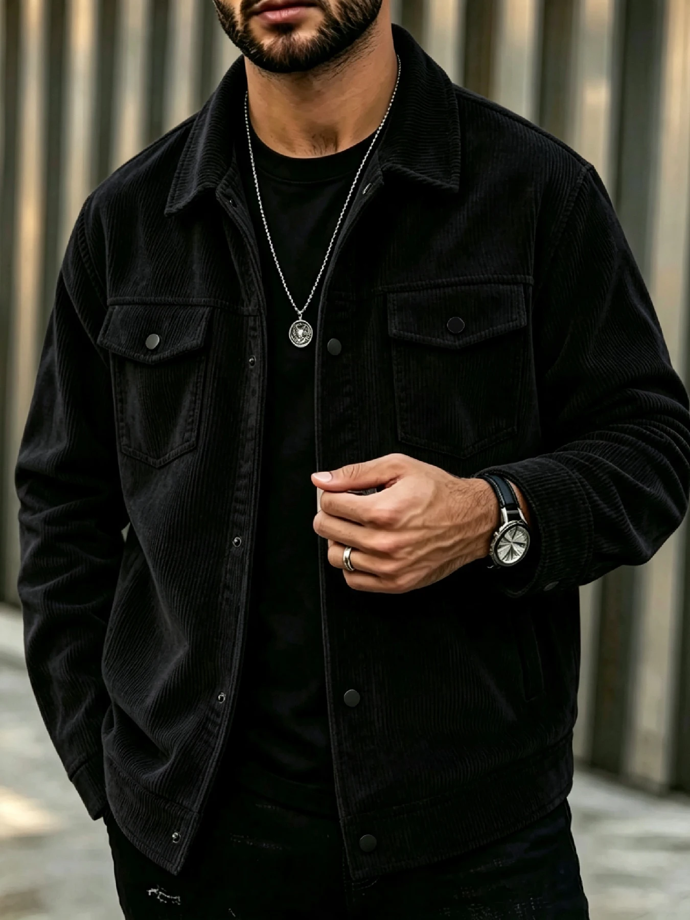 Men's Corduroy Lapel Jacket, Mature Casual Style, Single-breasted Loose Fit Coat with Textured Dual Chest Pockets, Sleek Lapel, view 5