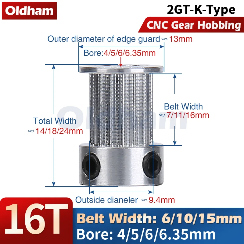 16 teeth 2GT Timing Pulley CNC gear hobbing Bore 4/5/6/6.35mm for GT2 Open Synchronous belt width 6/10/15mm backlash 16Teeth 16T