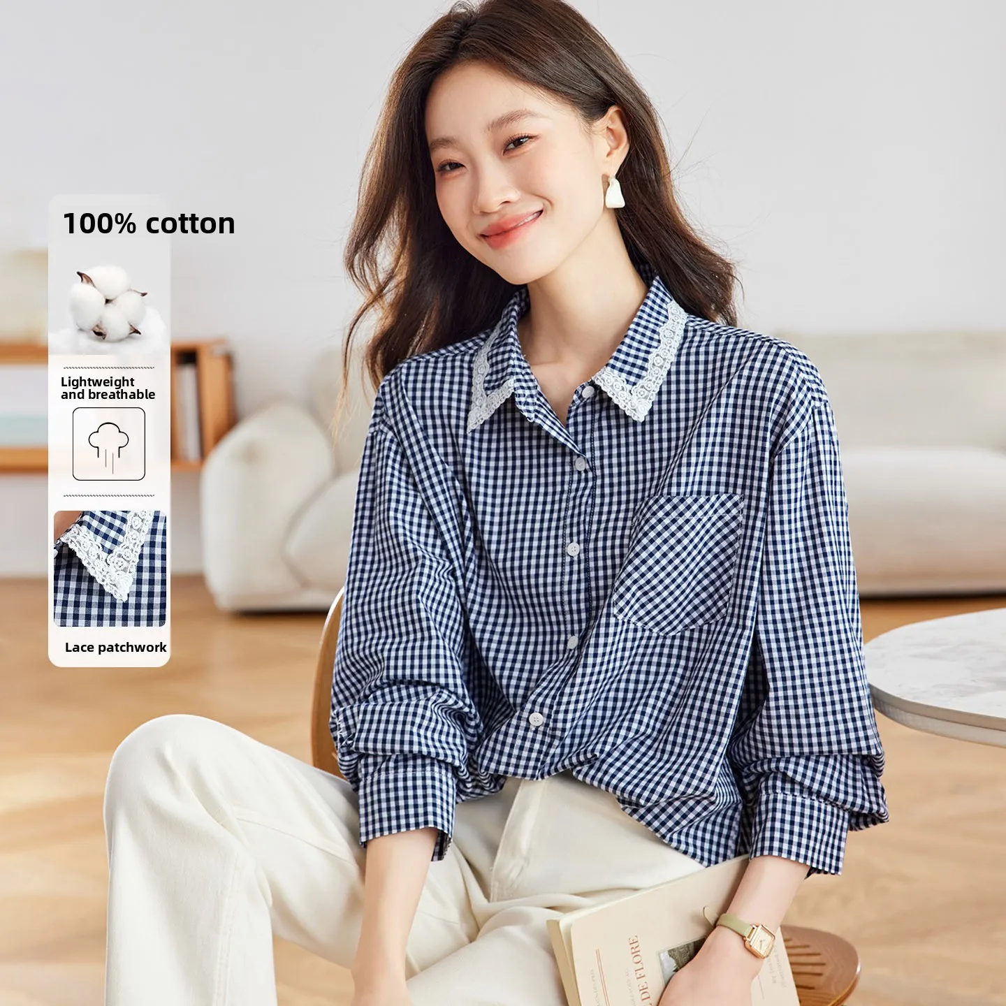 

Женская рубашка Ele из чистого хлопка с вышивкой и клетчатым узором, новая коллекция весна-осень, легкая, роскошная, для повседневной носки, в корейском стиле