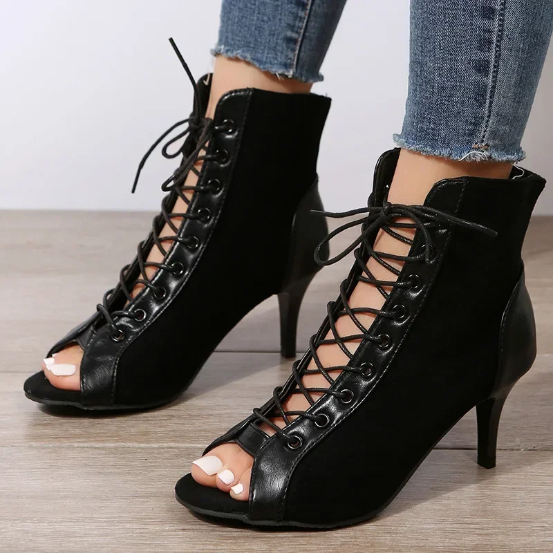 Womens Shoes Fashion Breathable High Heel Sandals Summer Mesh Heels Women's Shoes Sexy Peep Toe Boots Stilettos Jazz Dance Shoes