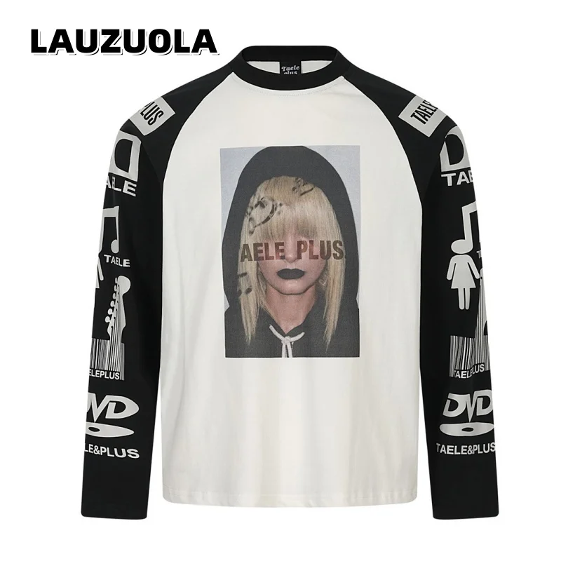 Men Long Sleeve T-shirt Black White Color Block Portrait Graphic Print Letter Oversized Hip Hop Streetwear Pullover Tops