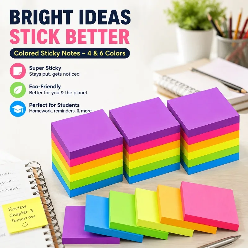 Bright Colored Self-sticky Note Pads Colorful Index Strips Portable Adhesive Memo for Student Textbook Marking Office Document
