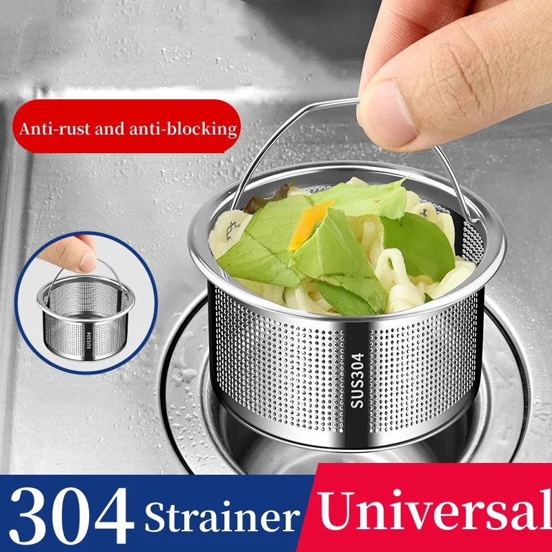 304 Stainless Steel Kitchen Sink Strainer Plug Dense Hole Water Basin Sink Drain Filter Basket With Handle Draine Accessories