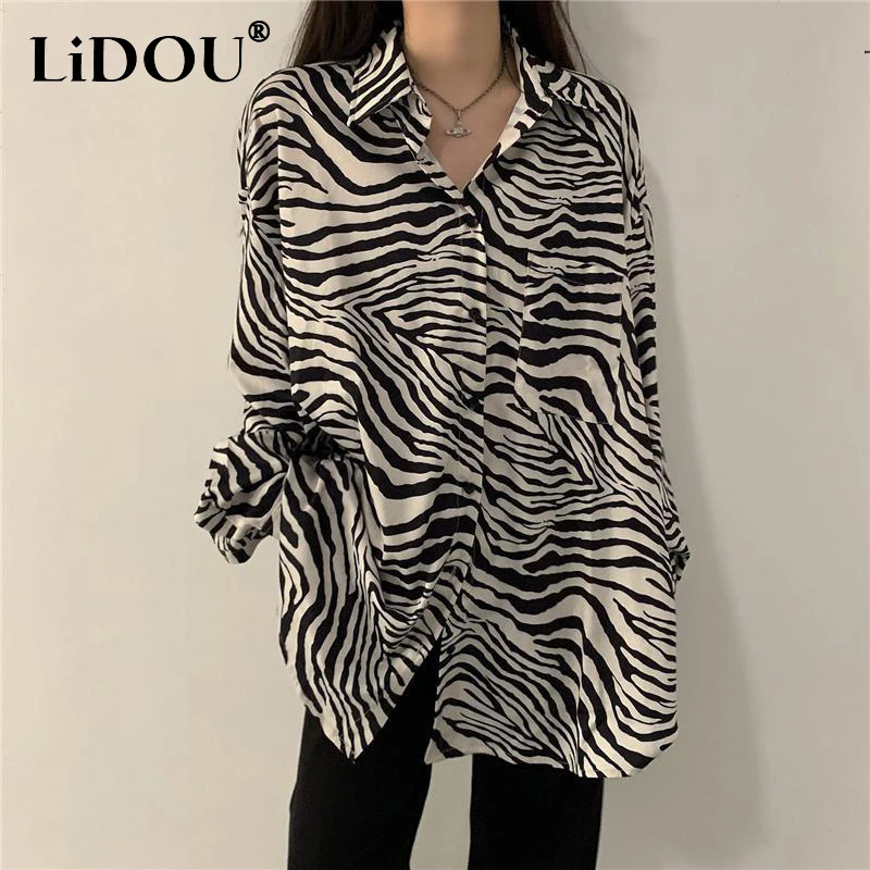 

Spring Summer Streetwear Polo-neck Zebra Print Loose Casual Shirt Top Women Long Sleeve Buttons Cardigan Blouse Female Clothes