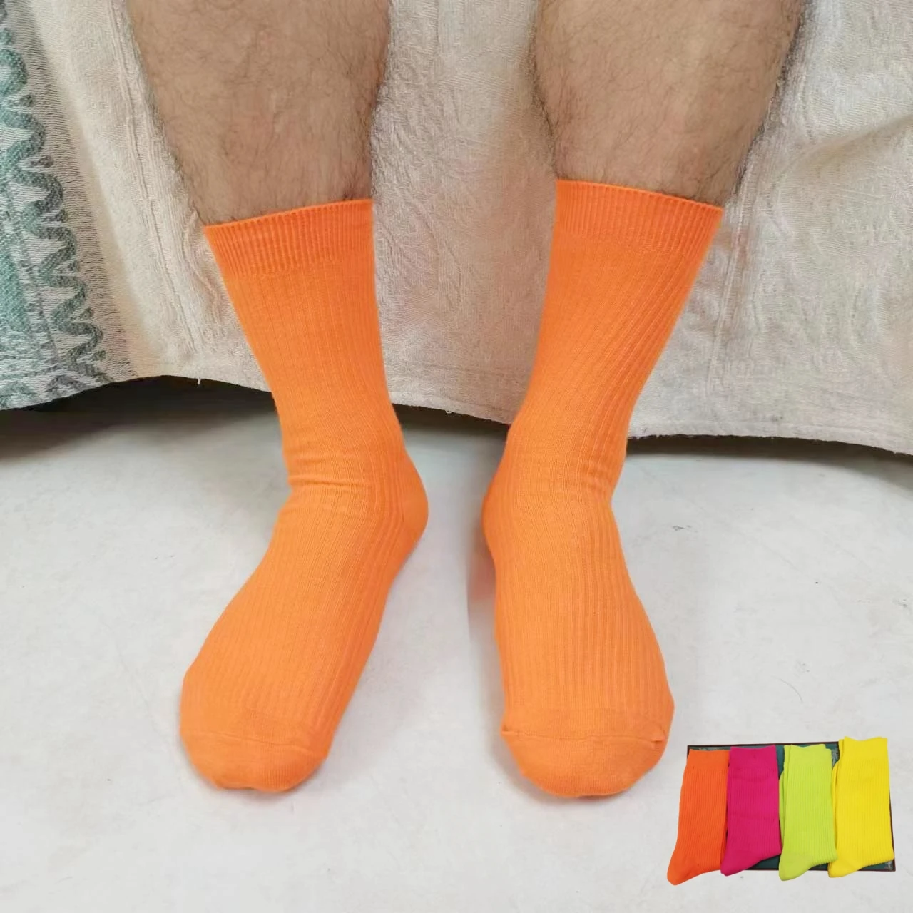 

Harajuku Candy Color Men Crew Socks Street Wear Fluorescent Green Neon Yellow Sport Japanese Style Halloween Orange Pink