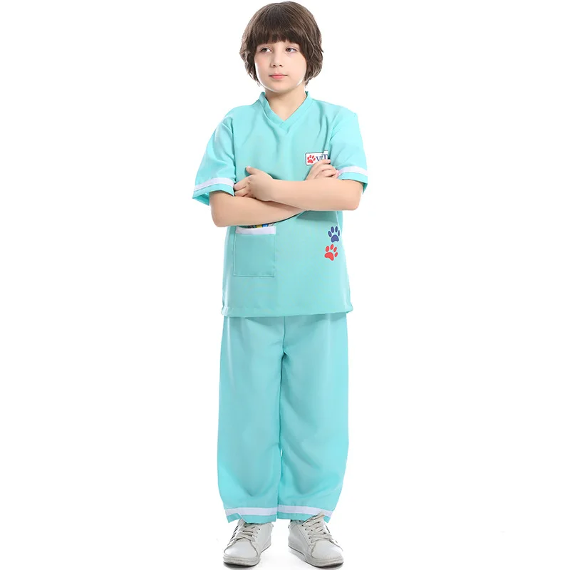 Boys Girls professional Doctor Cosplay veterinary Uniform Costume Halloween Kid with Accessories blue uniform 109