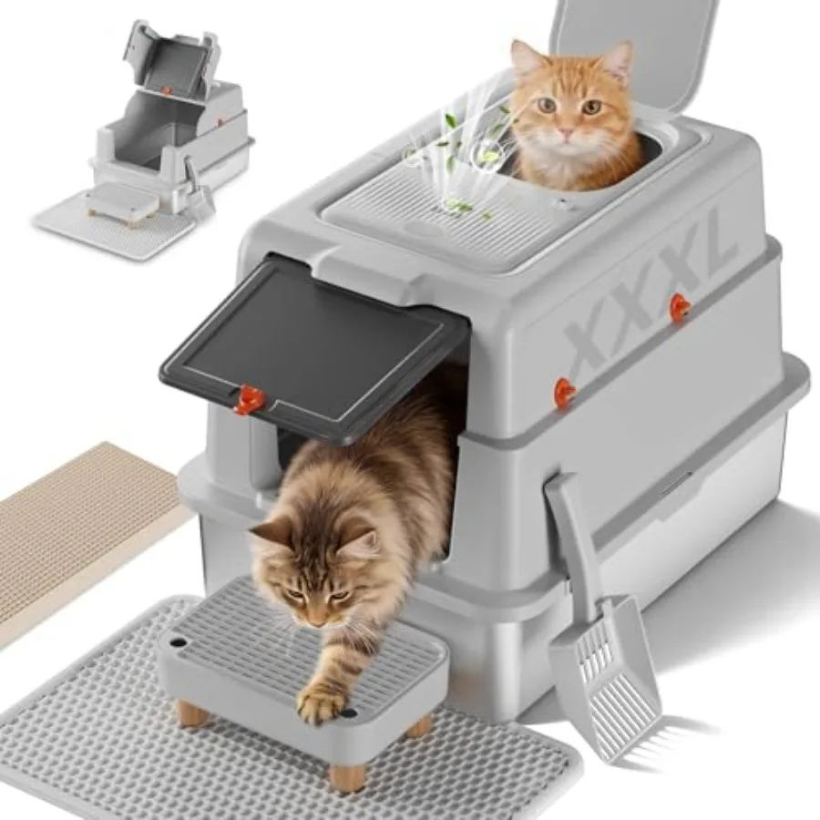 

XXXL Stainless Steel Cat Litter Box with Lid, 27.5×20.1×17.3 Jumbo Enclosed Litterbox, Dual-Entry Front Entry Top Exit,High-Sid