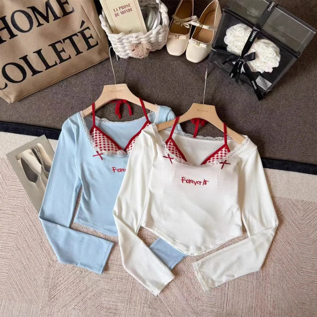 Elegant Embroidered  Knot Long Sleeve T-Shirt Women's Slim Fit Short Style Cotton Base Layer Top for Autumn