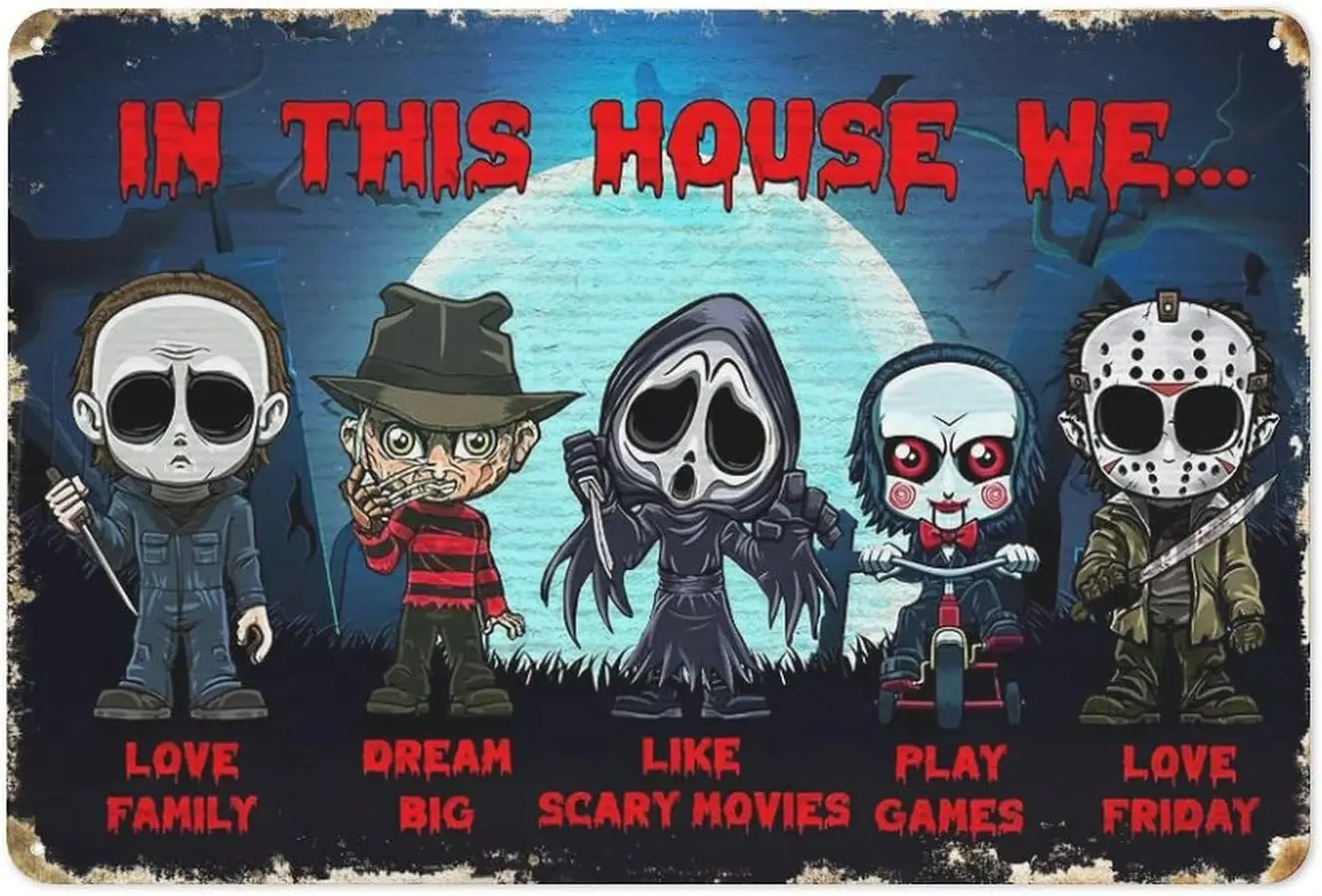 ในบ้านนี้เรา... รักครอบครัวฝันเหมือนภาพยนตร์ที่น่ากลัวเล่นเกมรักวันศุกร์โปสเตอร์ Retro Wall Art Decor ป้ายโลหะดีบุก ma