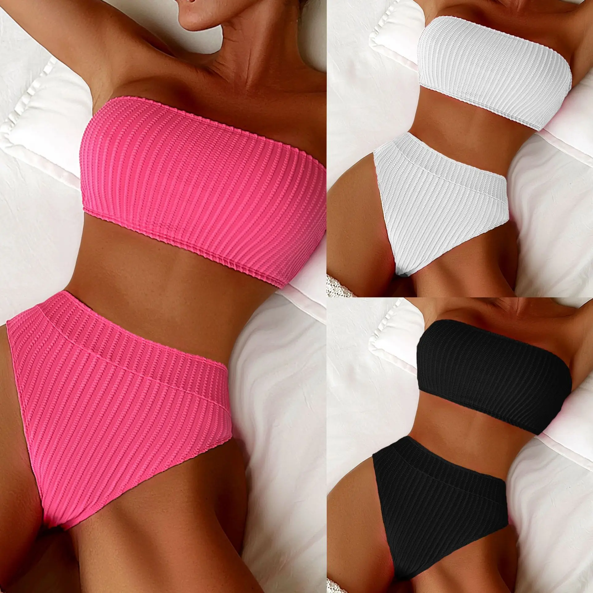 

Без бретелек 2025 европейский и американский новый стиль купальники из двух частей сексуальное бикини сплошной цвет купальник женская одежда комплект бикини