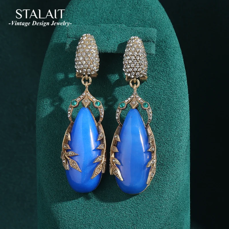 

Антикварные ювелирные изделия золотого цвета, синие стразы из натурального камня, длинные висячие серьги с каплями воды, винтажные женские аксессуары 2025