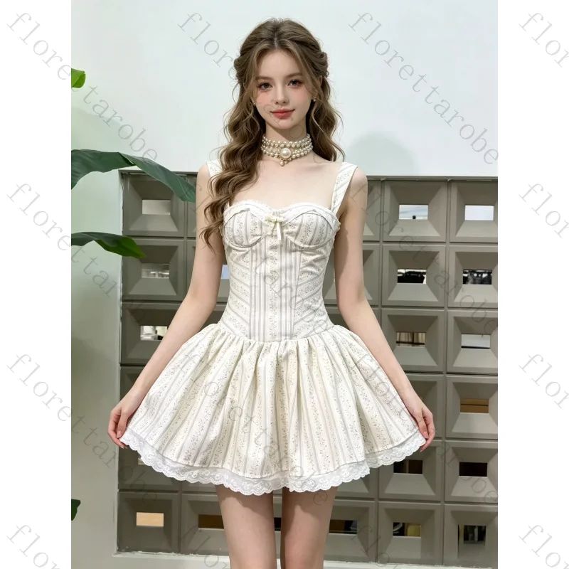 Customized Stripe Print Strap Mini Dress Sweetheart Neck Small Bow Decor Lace Hem Corset Waist Back Zipper Party Cocktail Gown