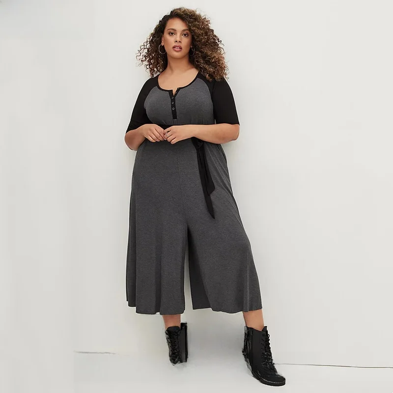 

Летний повседневный трикотажный комбинезон больших размеров с широкими штанинами, высокой эластичностью и круглым вырезом в уличном стиле