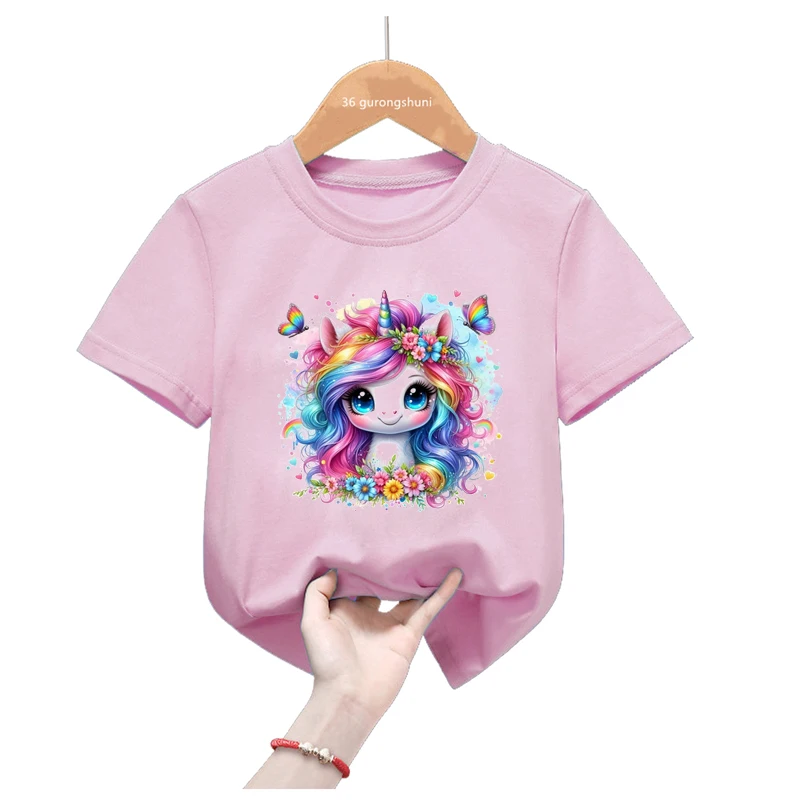 

2024 Hot Sale Rainbow Unicorn Print Pink T Shirt For Girls Harajuku Kawaii Kids Clothes Summer Short Sleeve T-Shirt