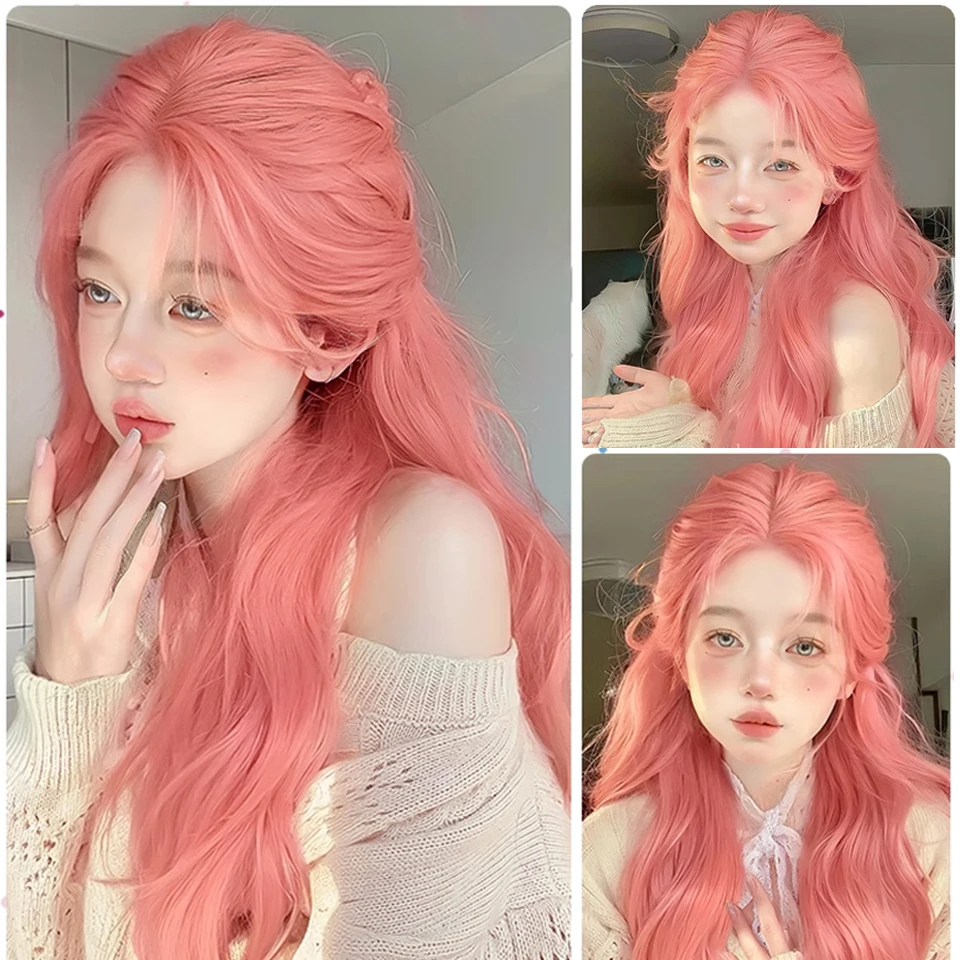 Peruca rosa longa ondulada sintética, parte intermediária, onda natural, resistente ao calor, cosplay, festa diária, adequada para mulheres lm