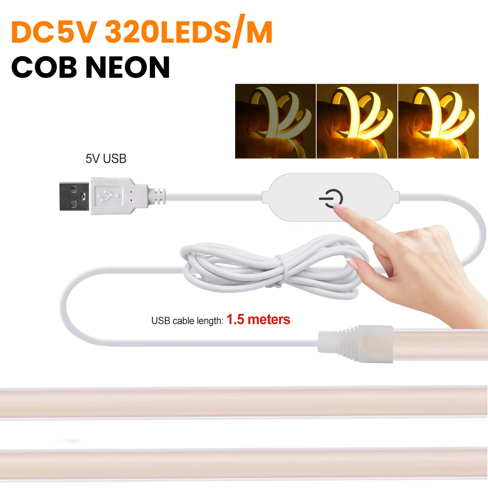 

Светодиодная лента COB 5В с регулировкой яркости, USB, неоновая, 320 светодиодов/м, водонепроницаемая, теплый/нейтральный/белый свет, гибкая лента для декора спальни и кухни