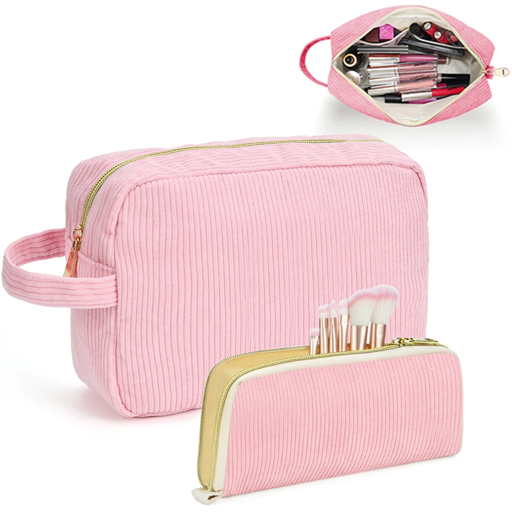 

2Pcs Makeup Bag Corduroy Travel Toiletry Organizer Toiletry Bag for Girls Women Moms Gift