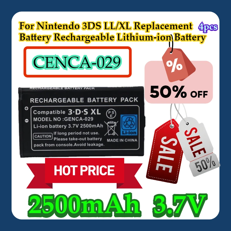 

4pcs For Nintendo 3DS LL/XL Replacement Battery 2500mAh 3.7V Rechargeable Lithium-ion Battery